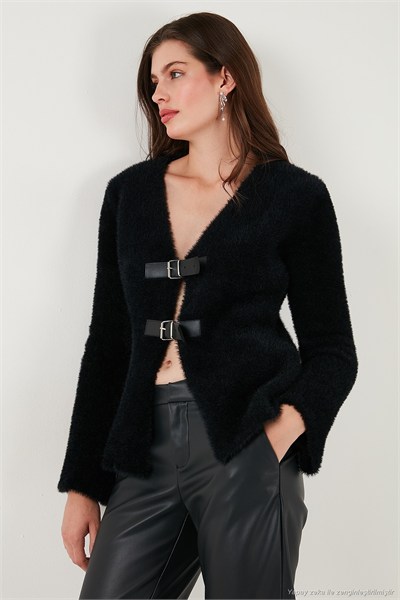 Premium Regular Fit V Yaka Çift Kemerli Peluş Kadın Hırka 680HI00112 SİYAH