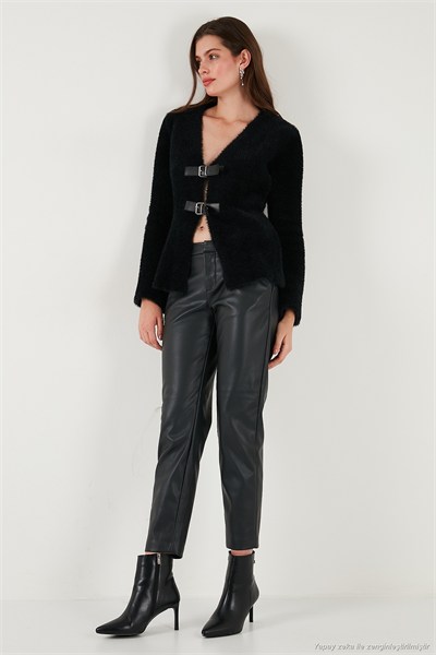 Premium Regular Fit V Yaka Çift Kemerli Peluş Kadın Hırka 680HI00112 SİYAH