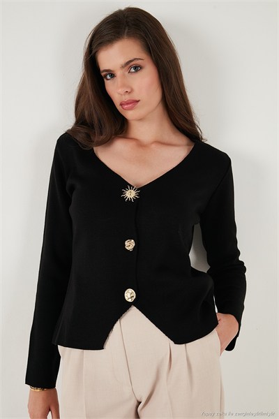 Premium Regular Fit V Yaka Düğmeli Triko Kadın Hırka 680HI00121 SİYAH