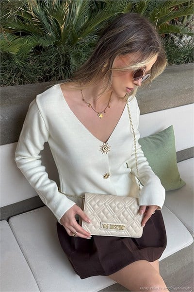 Premium Regular Fit V Yaka Düğmeli Triko Kadın Hırka 680HI00121 EKRU