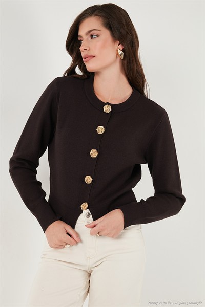 Premium Regular Fit Yuvarlak Yaka Crop Triko Kadın Hırka 680HI00110 KAHVE
