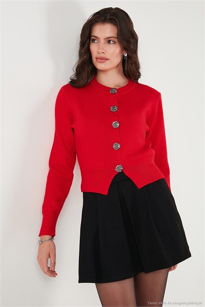 Premium Regular Fit Yuvarlak Yaka Crop Triko Kadın Hırka 680HI00110 KIRMIZI