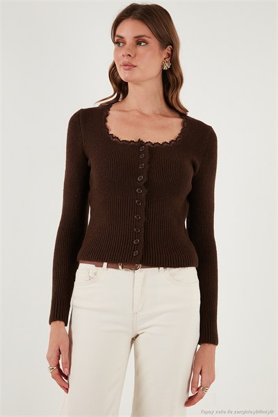Premium Slim Fit Dantel Detaylı Yaka Örme Kadın Hırka 680HI00061 KAHVE