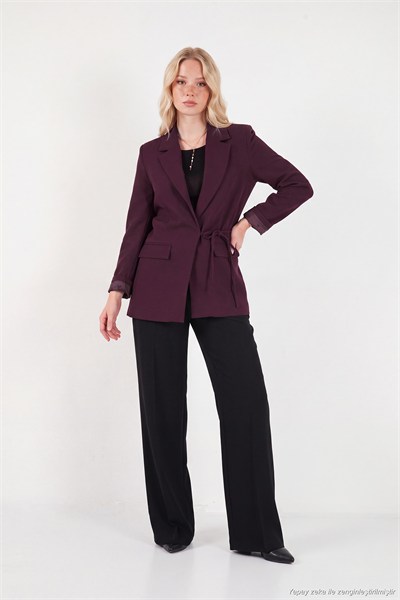Puantiye Astarlı Belden Bağlamalı Blazer Kadın Ceket 6524049 MÜRDÜM
