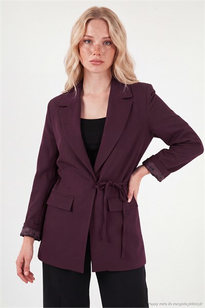 Puantiye Astarlı Belden Bağlamalı Blazer Kadın Ceket 6524049 MÜRDÜM