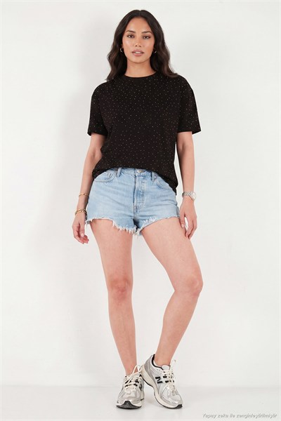 Rahat Kalıp Bisiklet Yaka Taş Detaylı Kadın T Shirt 5866943 SİYAH
