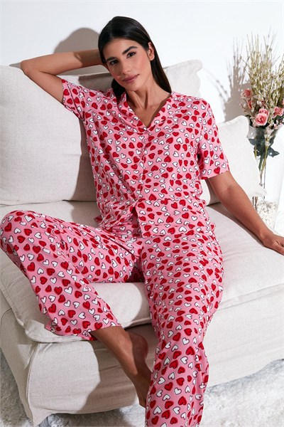 Rahat Kesim Bol Paça Mono Yaka Kısa Kollu Kadın Pijama Takımı 6110290 TOZ PEMBE