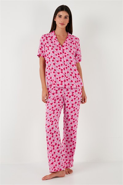 Rahat Kesim Bol Paça Mono Yaka Kısa Kollu Kadın Pijama Takımı 6110290 TOZ PEMBE
