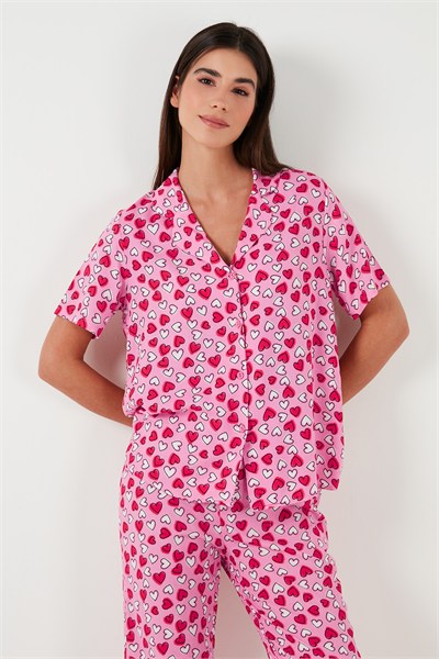 Rahat Kesim Bol Paça Mono Yaka Kısa Kollu Kadın Pijama Takımı 6110290 TOZ PEMBE
