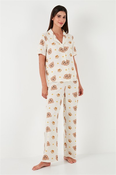 Rahat Kesim Bol Paça Mono Yaka Kısa Kollu Kadın Pijama Takımı 6110290 BEJ