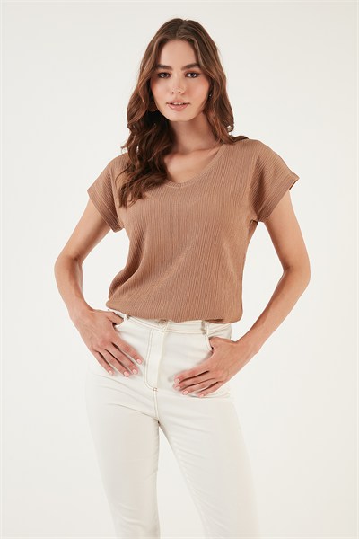 Rahat Kesim Esnek V Yaka Kadın Bluz 5865039 CAMEL