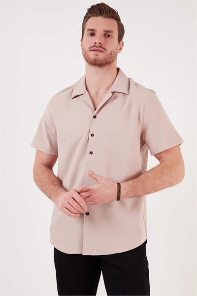 Regular Fit Apaş Yaka Kısa Kollu Erkek Gömlek CF24S117927 BEJ