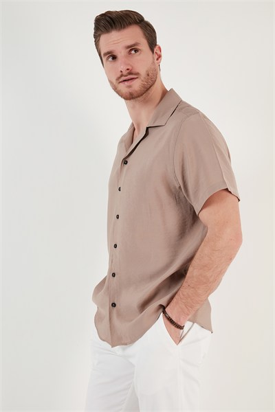 Regular Fit Apaş Yaka Kısa Kollu Modal Erkek Gömlek CF24S117929 CAMEL
