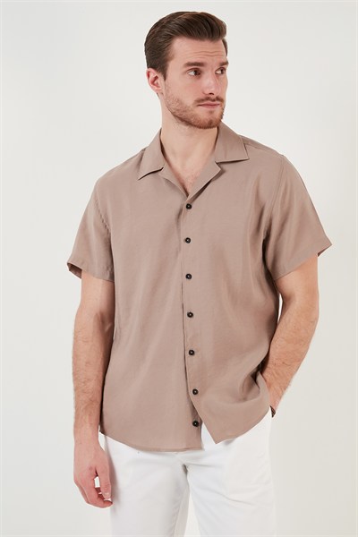 Regular Fit Apaş Yaka Kısa Kollu Modal Erkek Gömlek CF24S117929 CAMEL
