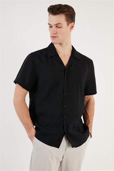 Regular Fit Apaş Yaka Kısa Kollu Modal Erkek Gömlek CF24S117929 SİYAH