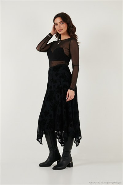 Regular Fit Asimetrik Çiçek Dokulu Fermuarlı Midi Boy Kadın Etek 59137182 SİYAH