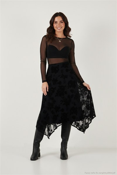Regular Fit Asimetrik Çiçek Dokulu Fermuarlı Midi Boy Kadın Etek 59137182 SİYAH