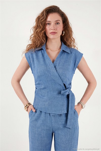 Regular Fit Bağlama Detaylı Kolsuz Kadın Takım 5866787 MAVİ