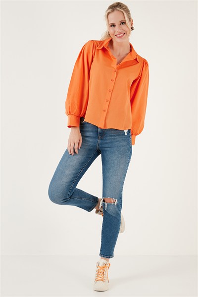 Regular Fit Balon Kollu Poplin Kadın Gömlek 611GO0153 ORANJ