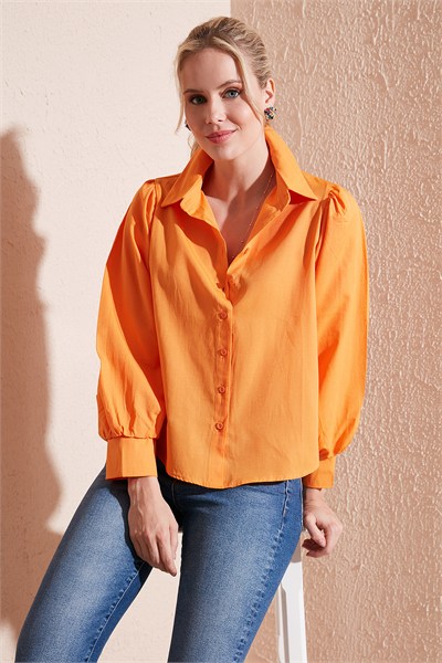 Regular Fit Balon Kollu Poplin Kadın Gömlek 611GO0153 ORANJ