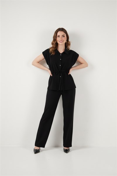 Regular Fit Beli Büzgülü Kısa Kollu Kadın Takım 6928870 SİYAH