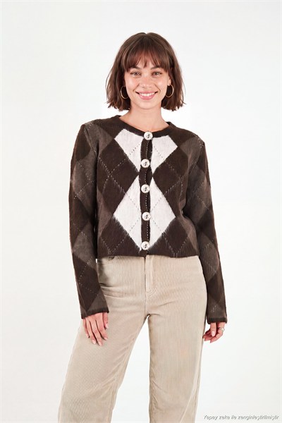 Regular Fit Bisiklet Yaka Baklava Desenli Düğmeli Crop Kadın Hırka 4615570 KAHVE