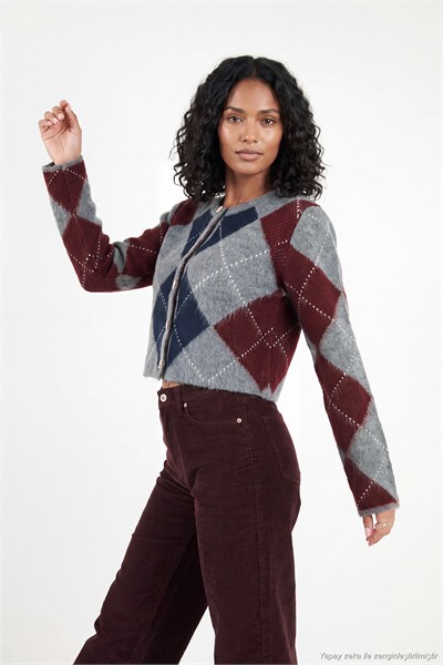 Regular Fit Bisiklet Yaka Baklava Desenli Düğmeli Crop Kadın Hırka 4615570 ANTRASİT
