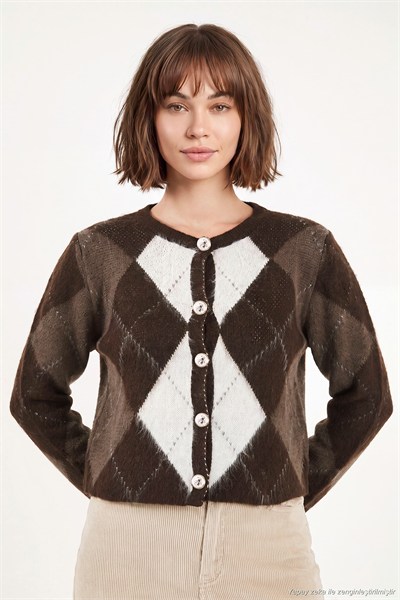 Regular Fit Bisiklet Yaka Baklava Desenli Düğmeli Crop Kadın Hırka 4615570 KAHVE