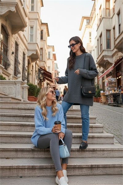 Regular Fit Bisiklet Yaka Basic 2li Paket Triko Kadın Kazak 4616213S2 Antrasit-Bebe Mavi