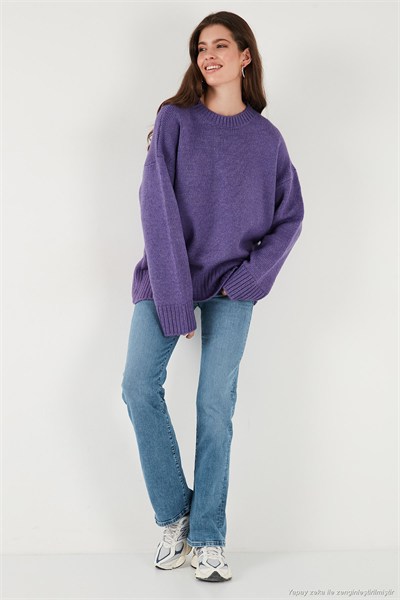 Regular Fit Bisiklet Yaka Basic Triko Kadın Kazak 4616213 MOR