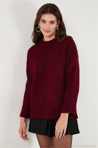 Regular Fit Bisiklet Yaka Basic Triko Kadın Kazak 4616213 BORDO