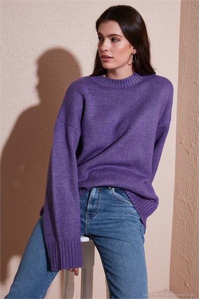 Regular Fit Bisiklet Yaka Basic Triko Kadın Kazak 4616213 MOR