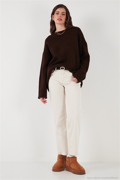 Regular Fit Bisiklet Yaka Basic Triko Kadın Kazak 4616213 KAHVE