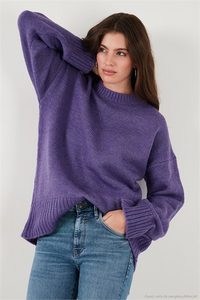 Regular Fit Bisiklet Yaka Basic Triko Kadın Kazak 4616213 MOR