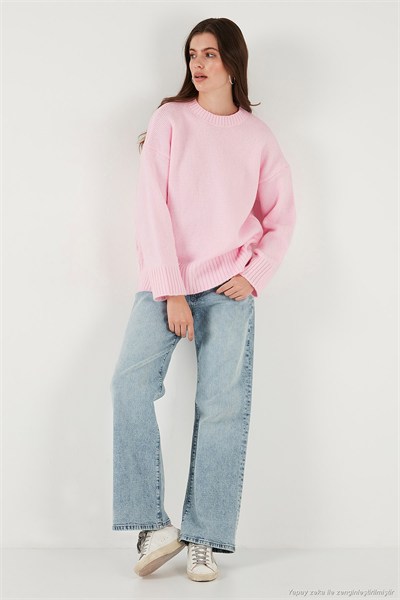 Regular Fit Bisiklet Yaka Basic Triko Kadın Kazak 4616213 TOZ PEMBE