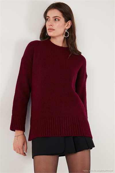 Regular Fit Bisiklet Yaka Basic Triko Kadın Kazak 4616213 BORDO