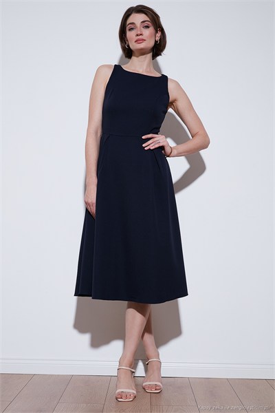 Regular Fit Bisiklet Yaka Cepli Pileli Midi Boy Abiye ve Mezuniyet Kadın Elbise 6111963 LACİVERT
