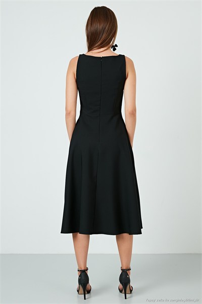 Regular Fit Bisiklet Yaka Cepli Pileli Midi Boy Abiye ve Mezuniyet Kadın Elbise 6111963 SİYAH