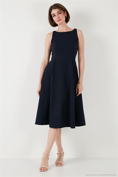 Regular Fit Bisiklet Yaka Cepli Pileli Midi Boy Abiye ve Mezuniyet Kadın Elbise 6111963 LACİVERT
