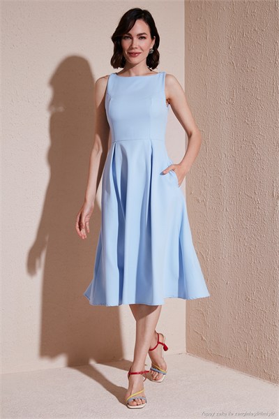 Regular Fit Bisiklet Yaka Cepli Pileli Midi Boy Abiye ve Mezuniyet Kadın Elbise 6111963 BEBE MAVİ