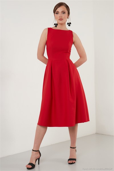 Regular Fit Bisiklet Yaka Cepli Pileli Midi Boy Abiye ve Mezuniyet Kadın Elbise 6111963 KIRMIZI