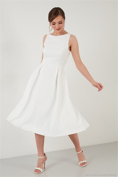 Regular Fit Bisiklet Yaka Cepli Pileli Midi Boy Abiye ve Mezuniyet Kadın Elbise 6111963 EKRU