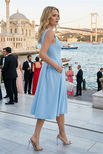 Regular Fit Bisiklet Yaka Cepli Pileli Midi Boy Abiye ve Mezuniyet Kadın Elbise 6111963 BEBE MAVİ