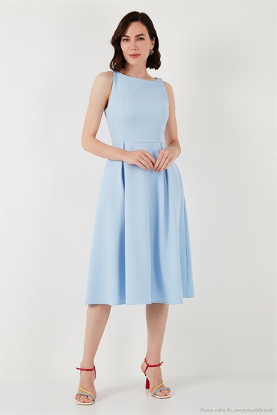 Regular Fit Bisiklet Yaka Cepli Pileli Midi Boy Abiye ve Mezuniyet Kadın Elbise 6111963 BEBE MAVİ