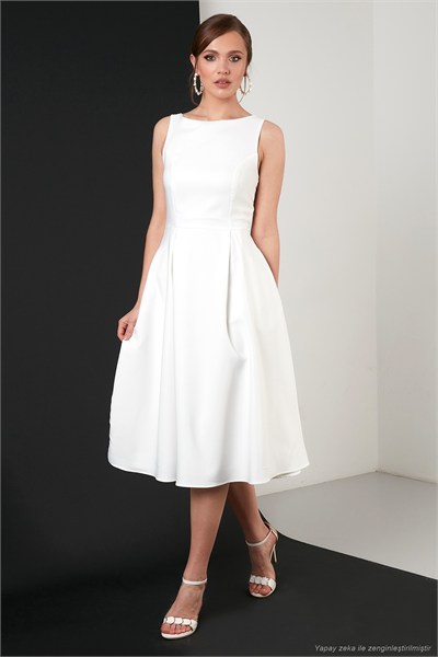 Regular Fit Bisiklet Yaka Cepli Pileli Midi Boy Abiye ve Mezuniyet Kadın Elbise 6111963 EKRU