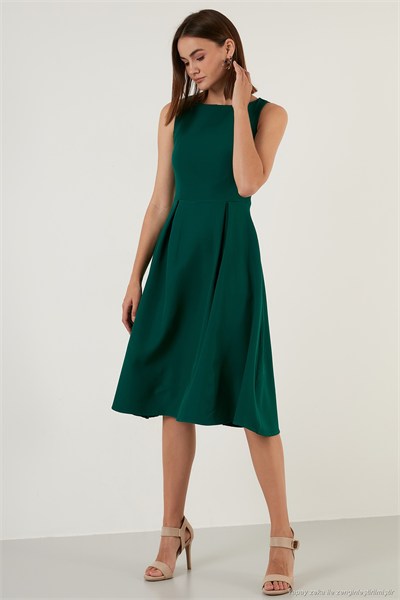 Regular Fit Bisiklet Yaka Cepli Pileli Midi Boy Abiye ve Mezuniyet Kadın Elbise 6111963 ZÜMRÜT YEŞİLİ