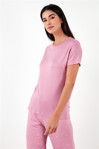 Regular Fit Bisiklet Yaka Kısa Kollu Kadın Pijama Takımı 65750107 PUDRA