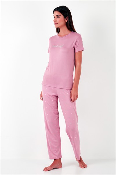 Regular Fit Bisiklet Yaka Kısa Kollu Kadın Pijama Takımı 65750107 PUDRA