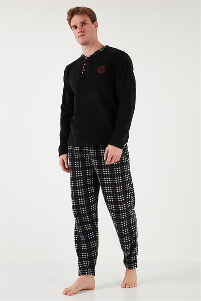 Regular Fit Bisiklet Yaka Kışlık Yumuşak Dokulu Polar Erkek Pijama Takımı 6096100 SİYAH