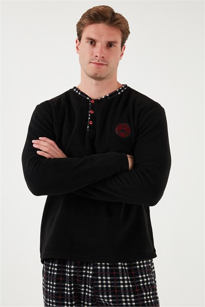 Regular Fit Bisiklet Yaka Kışlık Yumuşak Dokulu Polar Erkek Pijama Takımı 6096100 SİYAH